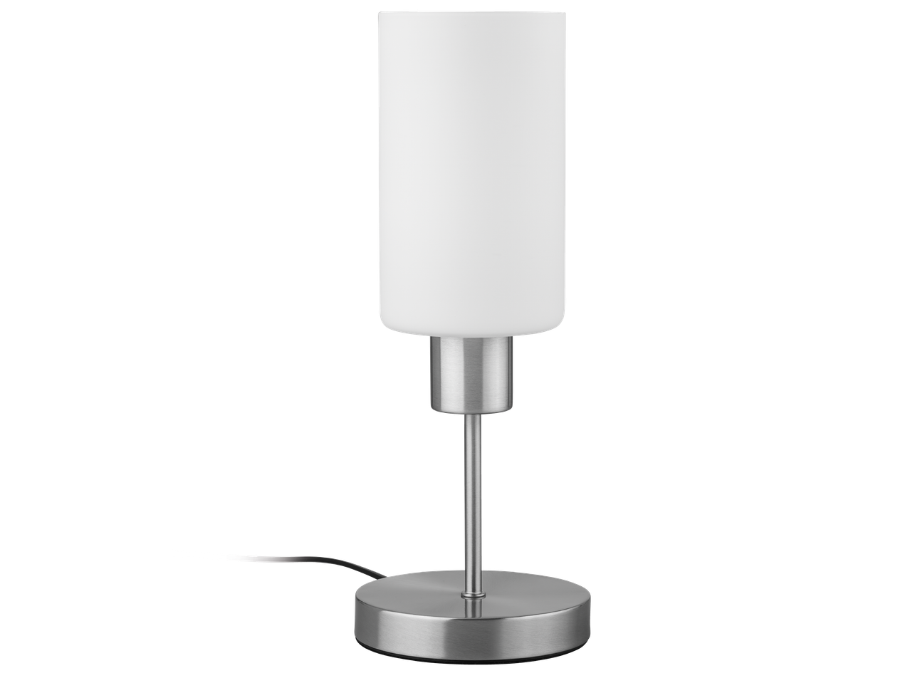 Настолна лампа с цилиндричен бял абажур и основа от матиран метал.