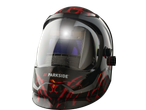 PARKSIDE® Automatic Welding Helmet with red flame design, solar panel, and adjustable knobs.