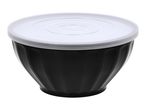 Black mixing bowl with a white lid, isolated on a white background.
