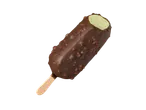 Gelado de pau com cobertura de chocolate e frutos secos, com uma dentada.
