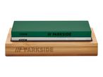 Parkside double-sided sharpening stone with 1000# and 6000# grit, in a bamboo base.