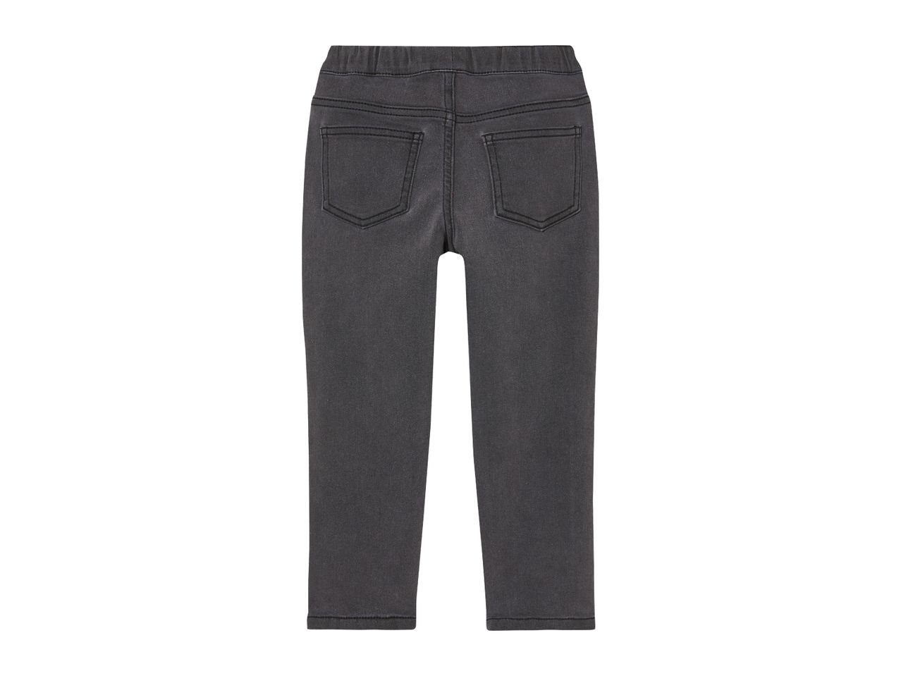 Back view of dark gray children's denim leggings with an elastic waistband and two back pockets.