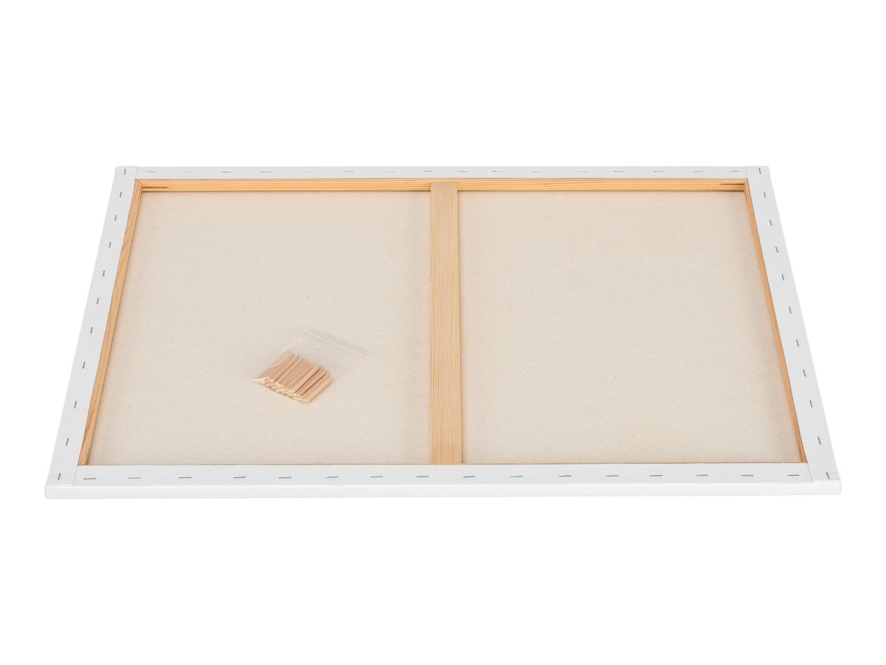 Back of a stretched canvas with wooden stretcher bars and a small bag of wooden keys.