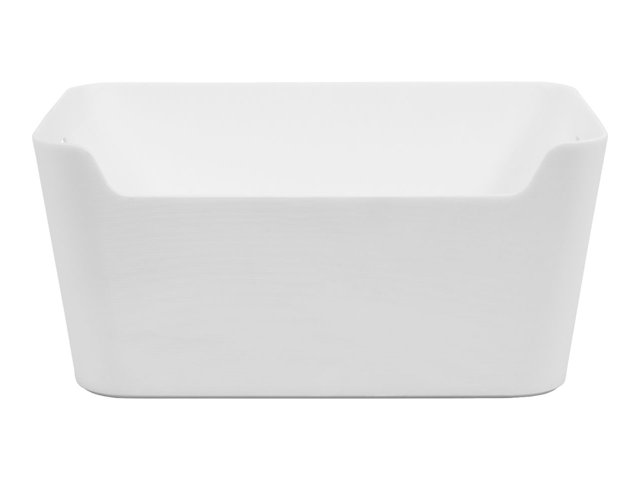 White rectangular storage basket with curved edges and cut-out handles.