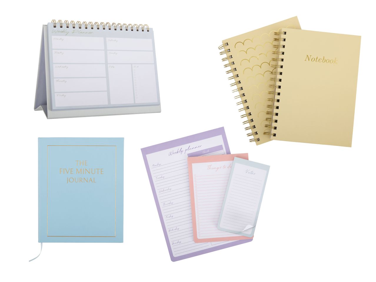 Desk organizer mit Wochenplaner, Notizbüchern und Journal im pastelligen Stil.