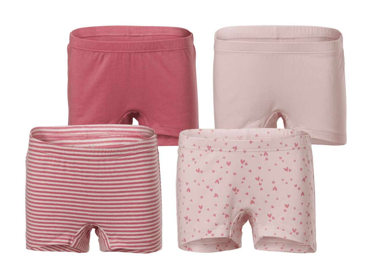Fire par lyserøde og stribede pigeboksershorts med hjerteprint.