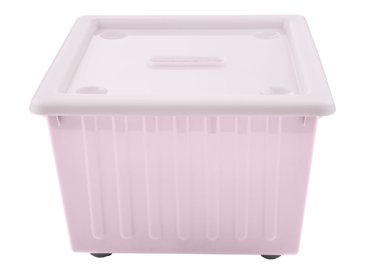 Pink plastic storage box with a white lid
