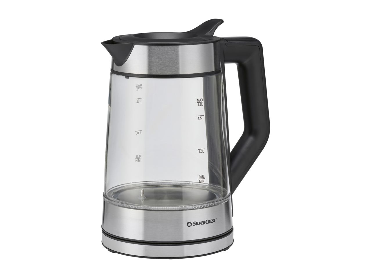 Glass electric kettle with a black handle and stainless steel base, showing water level markings.