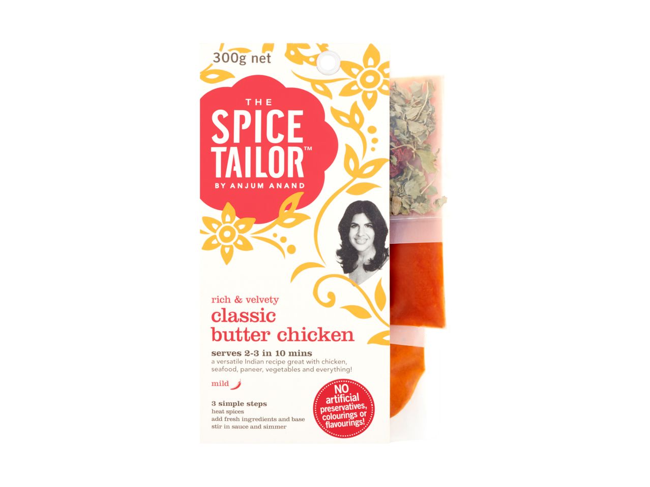 A 300g pack of classic butter chicken curry kit with spices and sauces.
