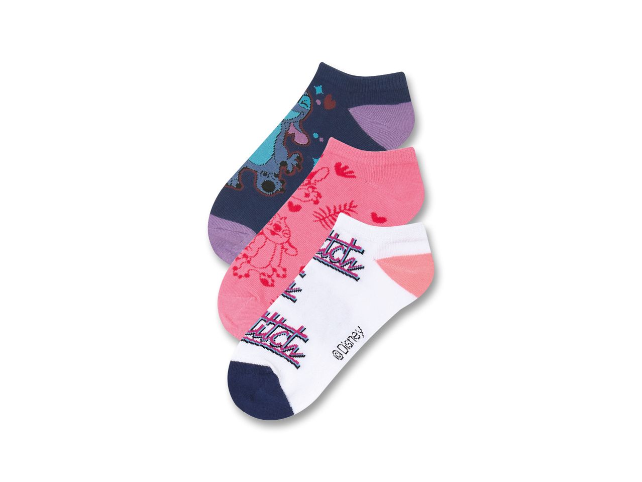 Three pairs of Disney Stitch ankle socks in blue, pink, and white.