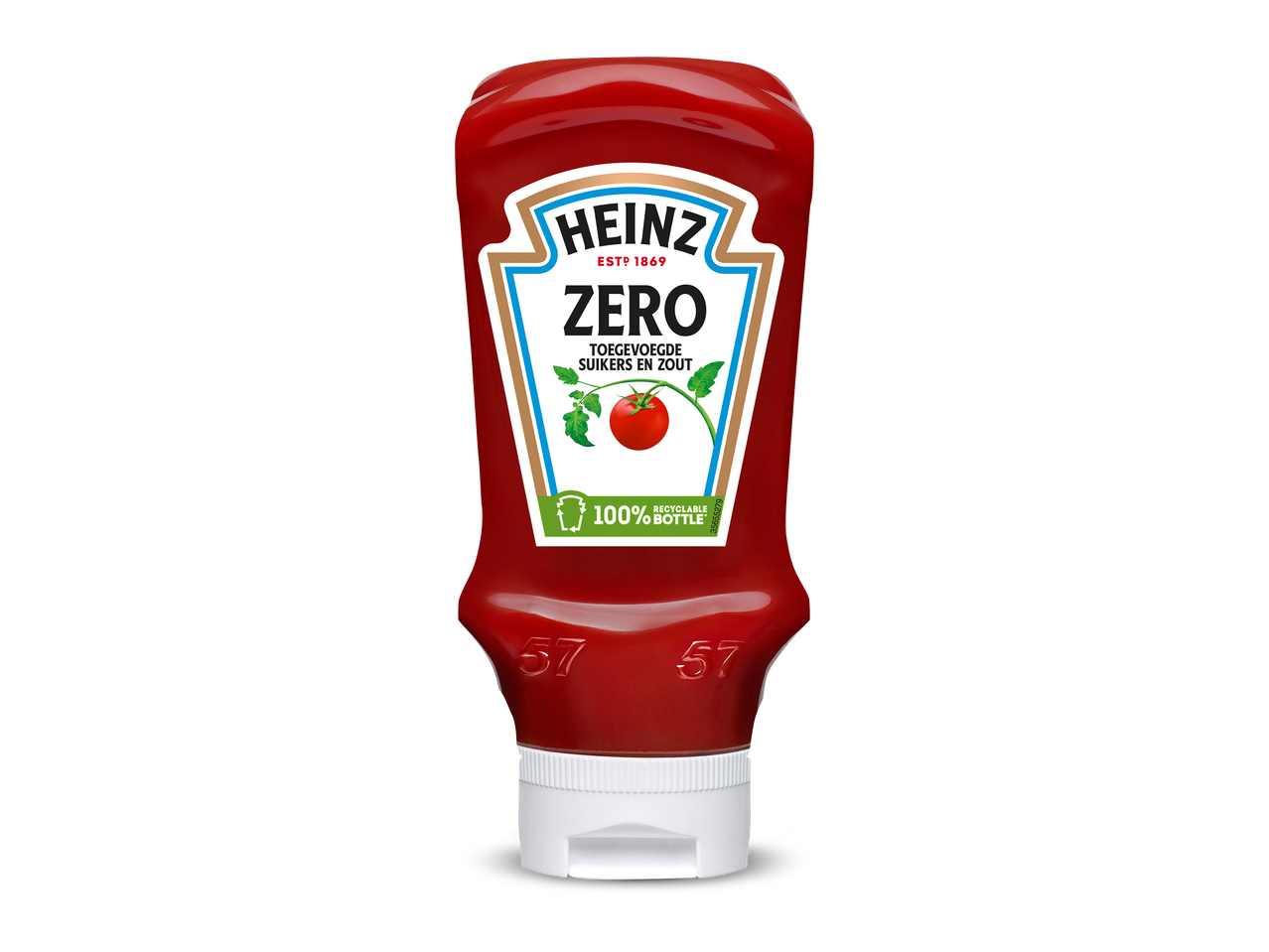 Fles tomatenketchup zonder toegevoegde suikers en zout, 100% recyclebare fles.
