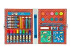 A colorful art set with crayons, markers, paints, and stencils in a carrying case.