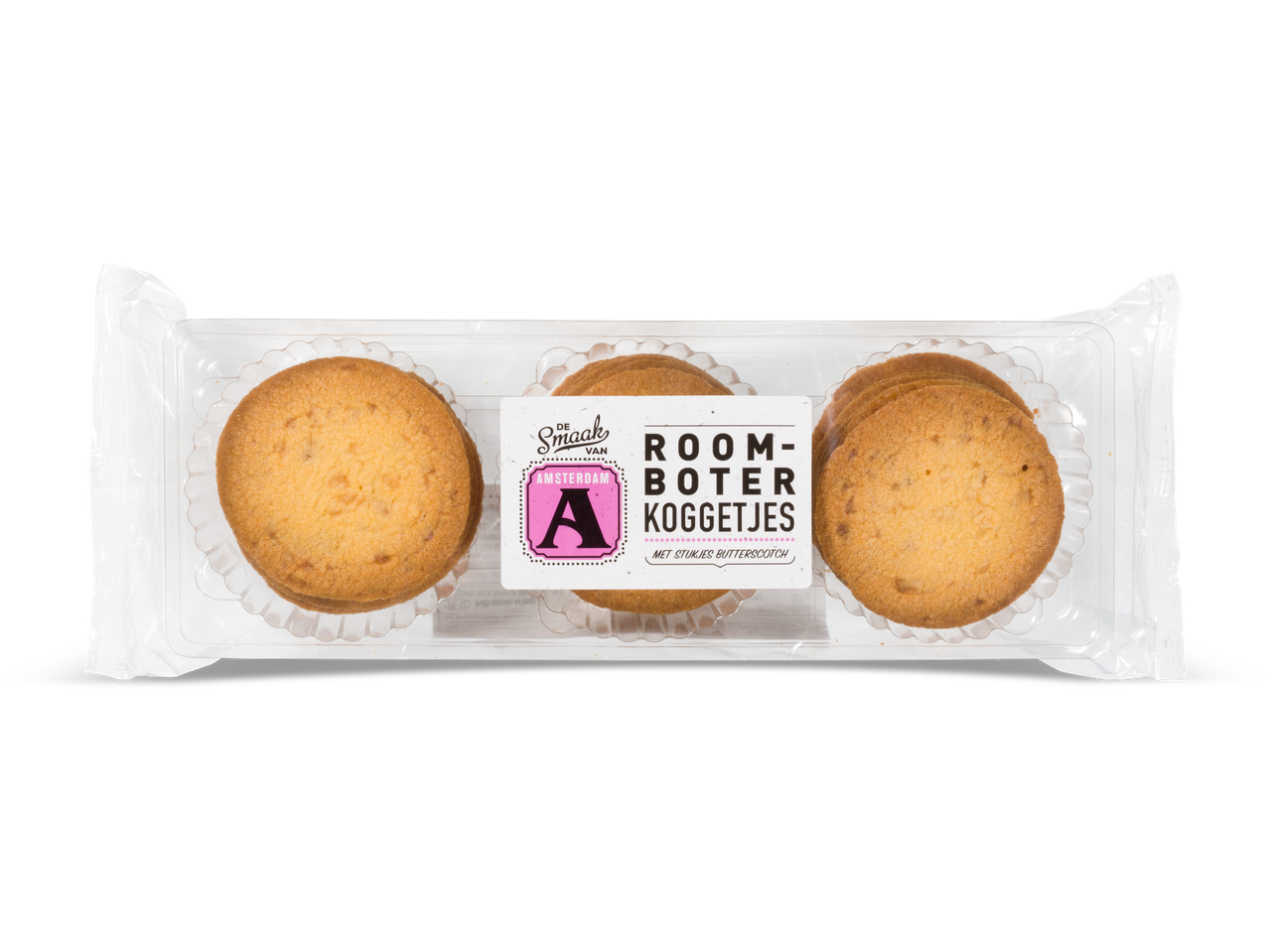 Verpakking 'De Smaak van Amsterdam' boterkoekjes met butterscotch in doorzichtige plastic verpakking.
