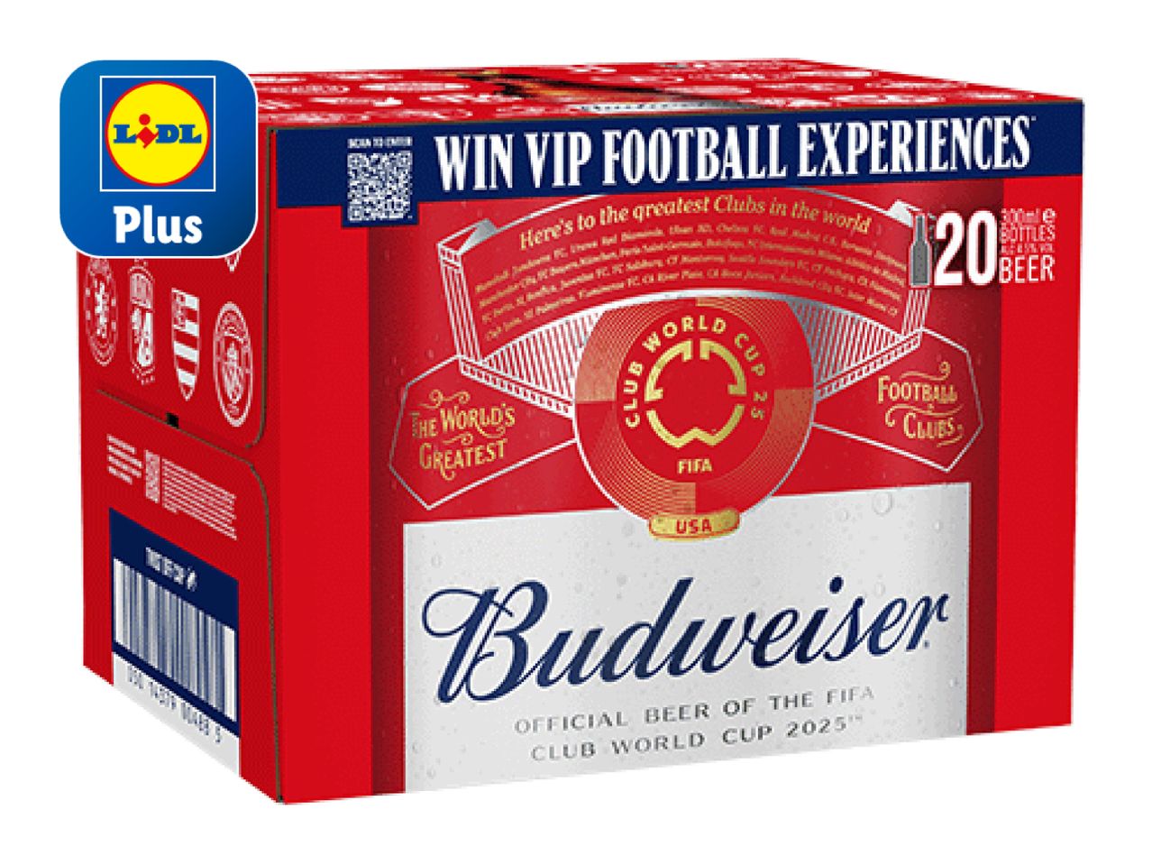 A 20-can pack of Budweiser beer from Lidl, featuring a football promotion.