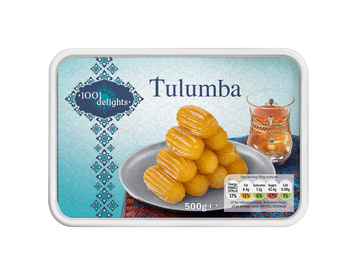 Tulumba dessert with a glass of tea, showing nutritional information and 500g weight.