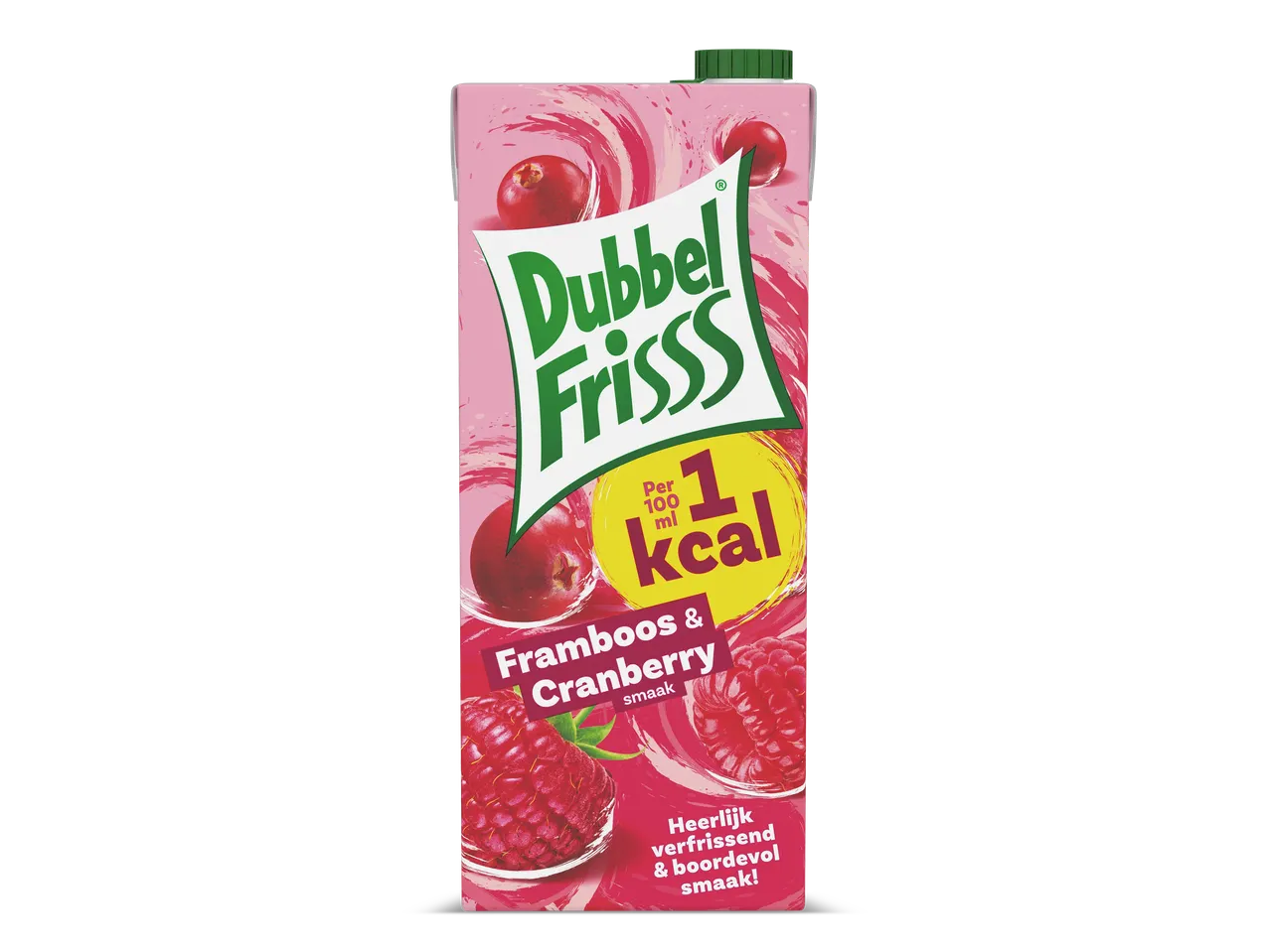 Een pakje framboos- en cranberrydrank met 1 kcal per 100 ml, met de tekst 'Heerlijk verfrissend & boordevol smaak!'.