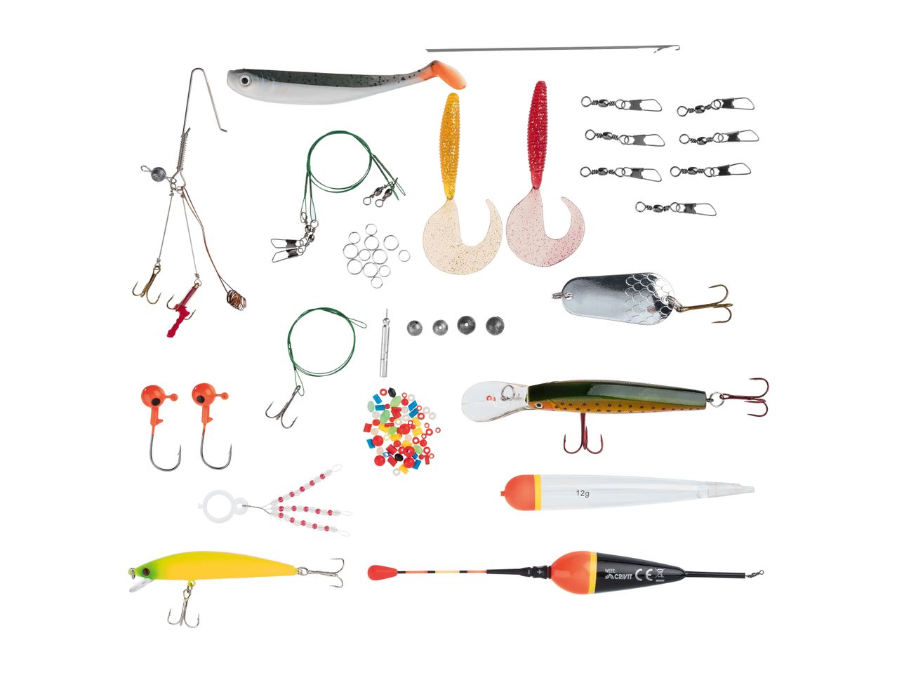 A collection of fishing tackle including lures, hooks, swivels, weights, and floats.