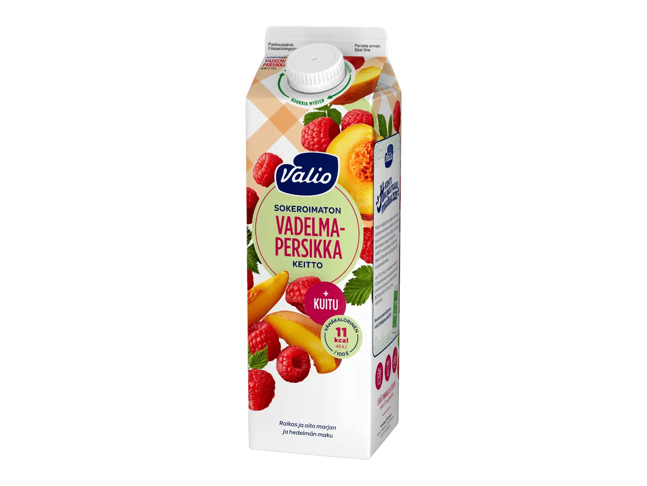 Sokeriton vadelma-persikkakeitto, jossa on kuitua ja 11 kcal/100g.