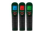 Three green and black digital thermometers displaying different temperatures.