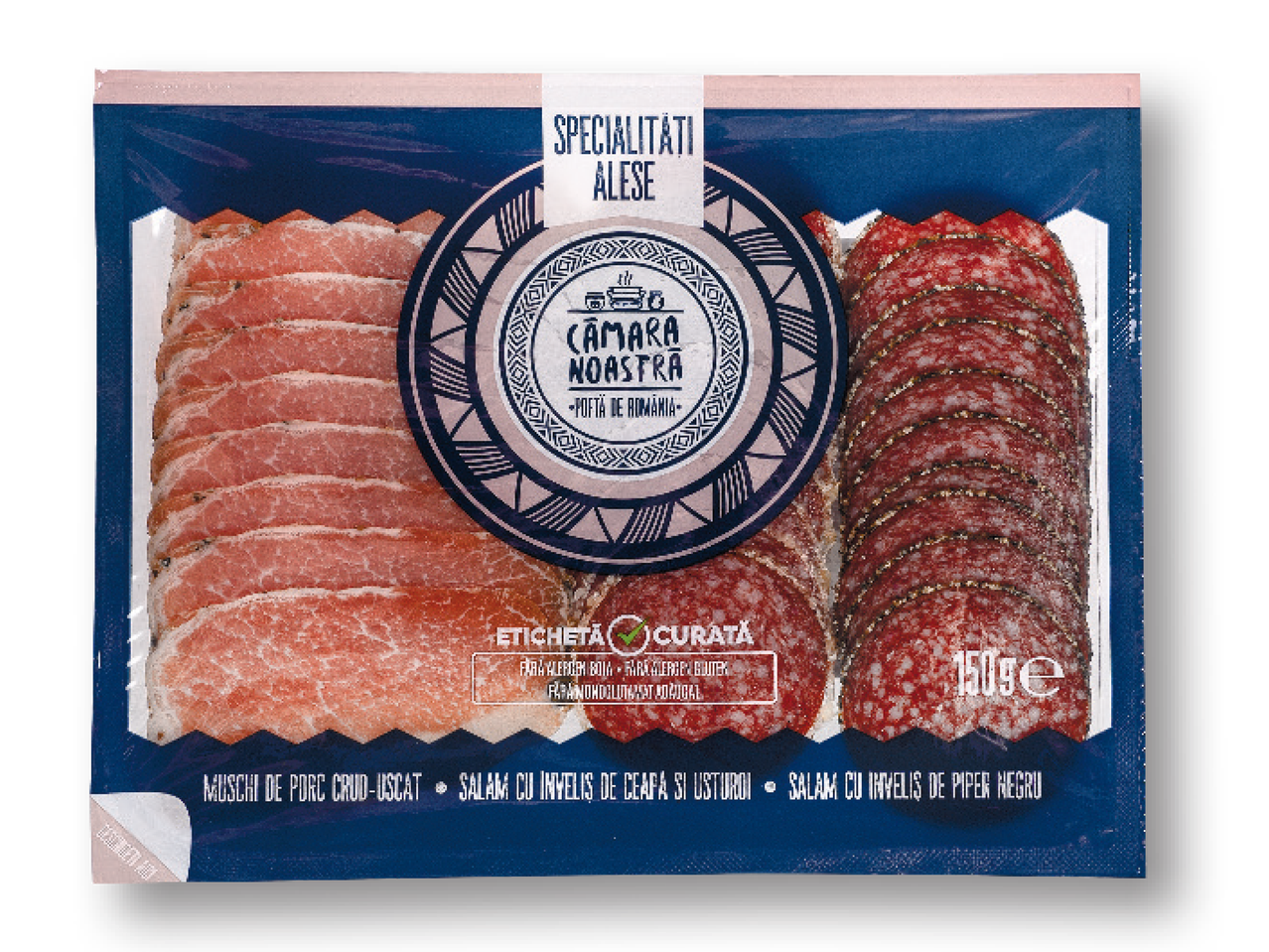 Pachet cu specialități de carne, inclusiv mușchi de porc crud-uscat și salam cu piper negru, 150g.