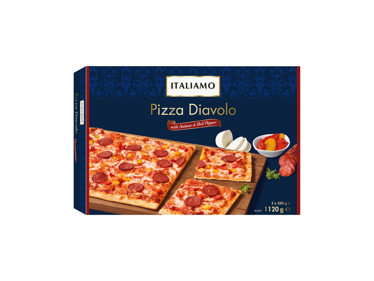 ITALIAMO Pizza Diavolo: bevroren pizza met salami en paprika.
