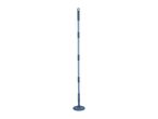 A blue and grey telescopic mop handle with a round base, standing upright.