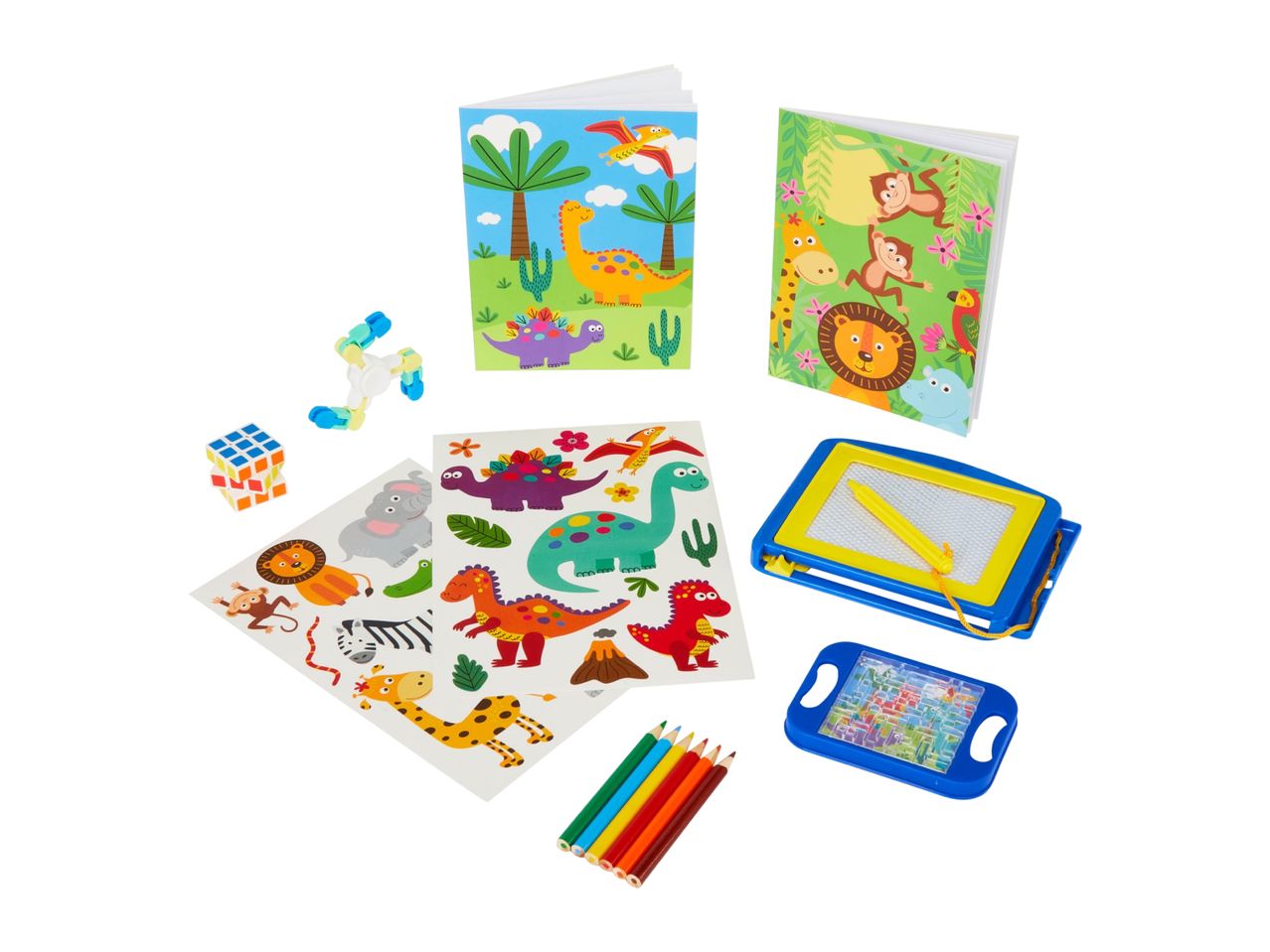 A collection of children's activity items including coloring books, stickers, a mini Rubik's cube, pencils, and drawing boards.