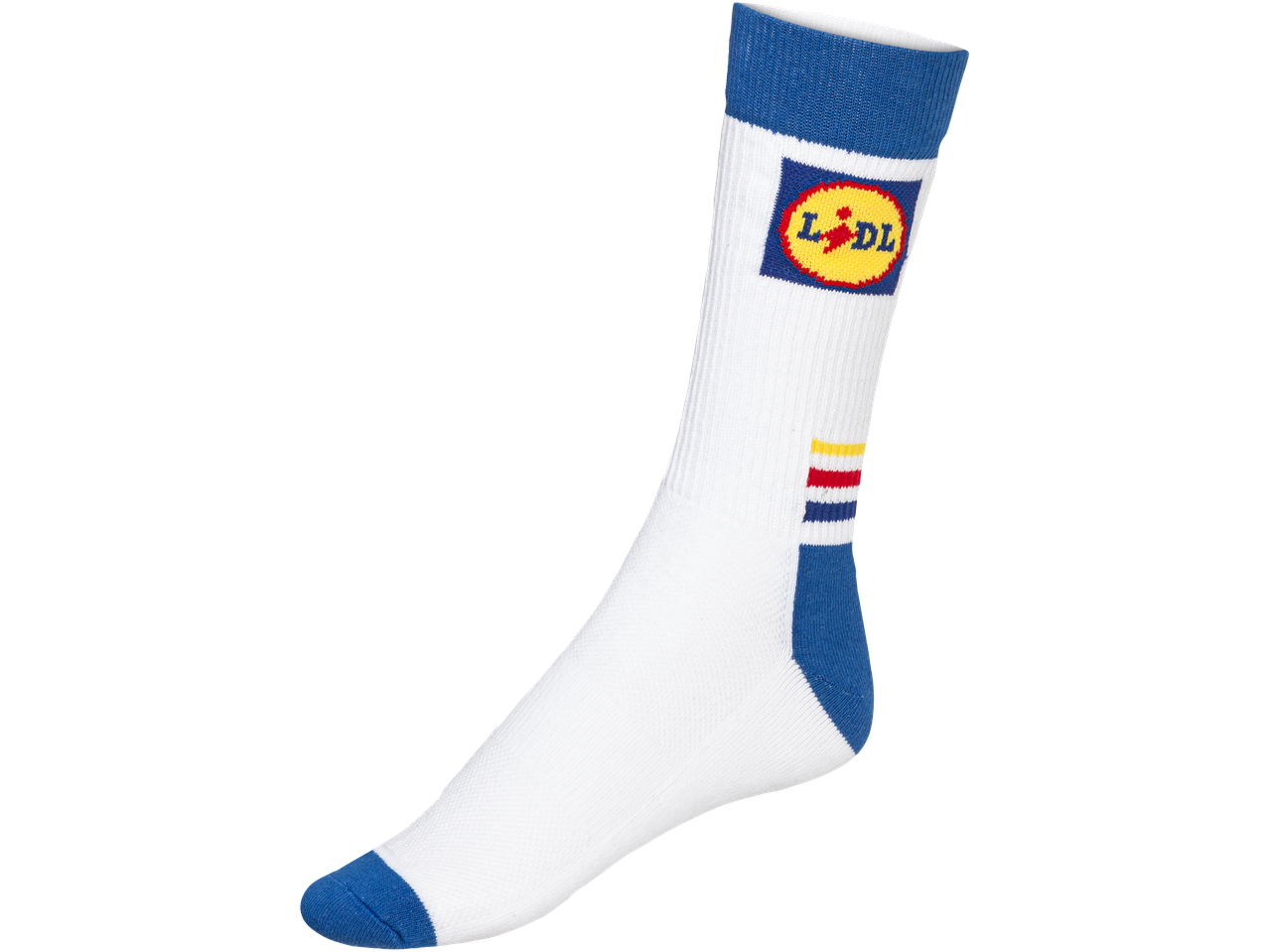 White sock with blue cuff and toe, featuring a yellow, red, and blue logo.