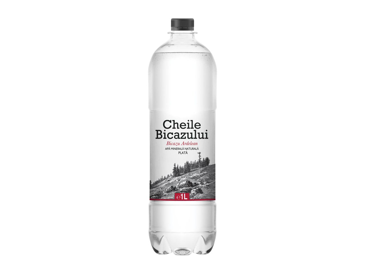 O sticlă de apă minerală naturală plată Cheile Bicazului de 1L.