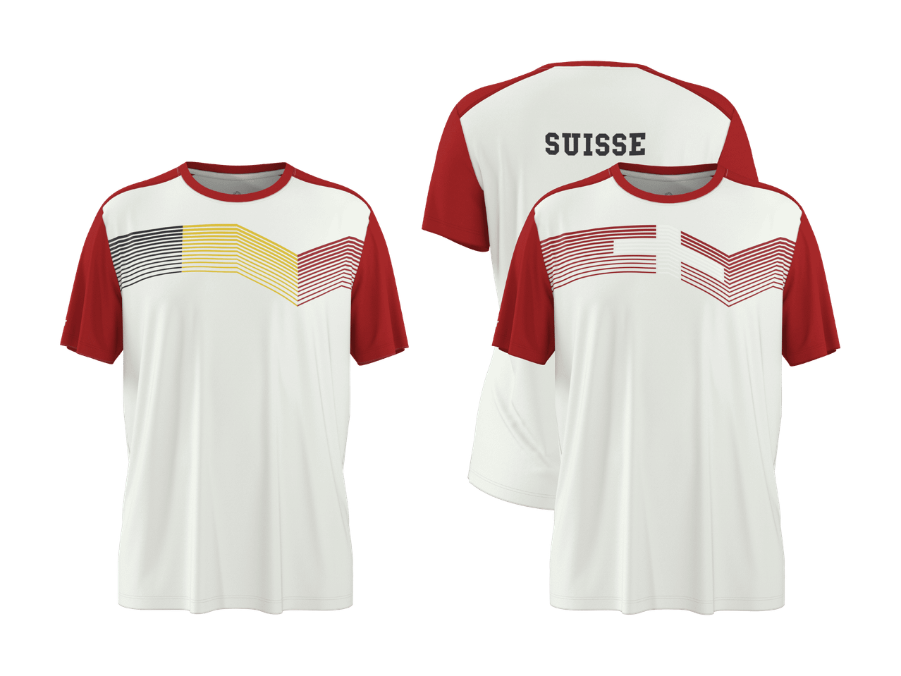 Due magliette bianche con maniche rosse e strisce grafiche, una con la scritta 'SUISSE' sul retro.