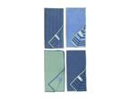Four microfiber cleaning cloths in blue and green, some with striped patterns.