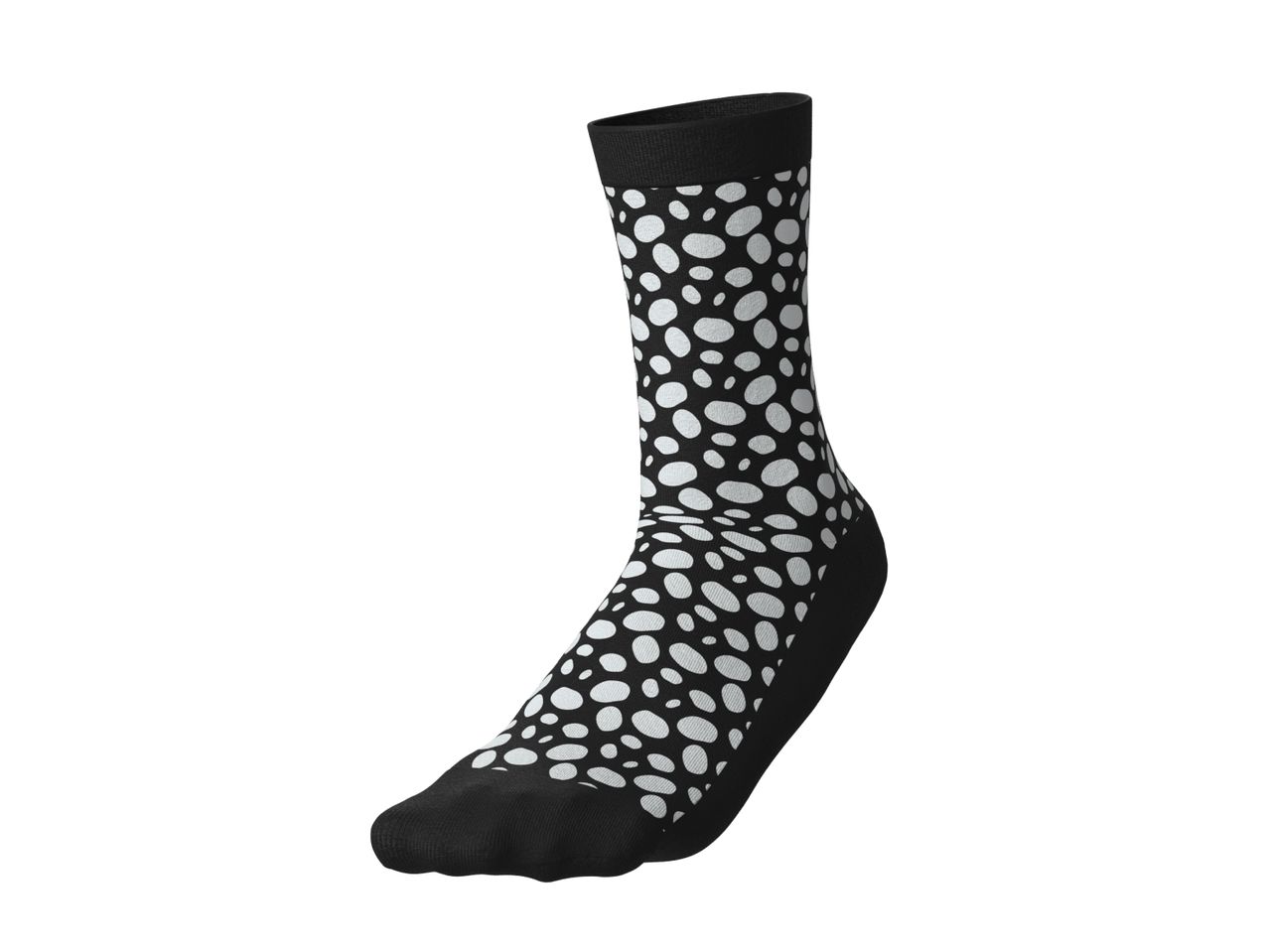 Black sock with white polka dots