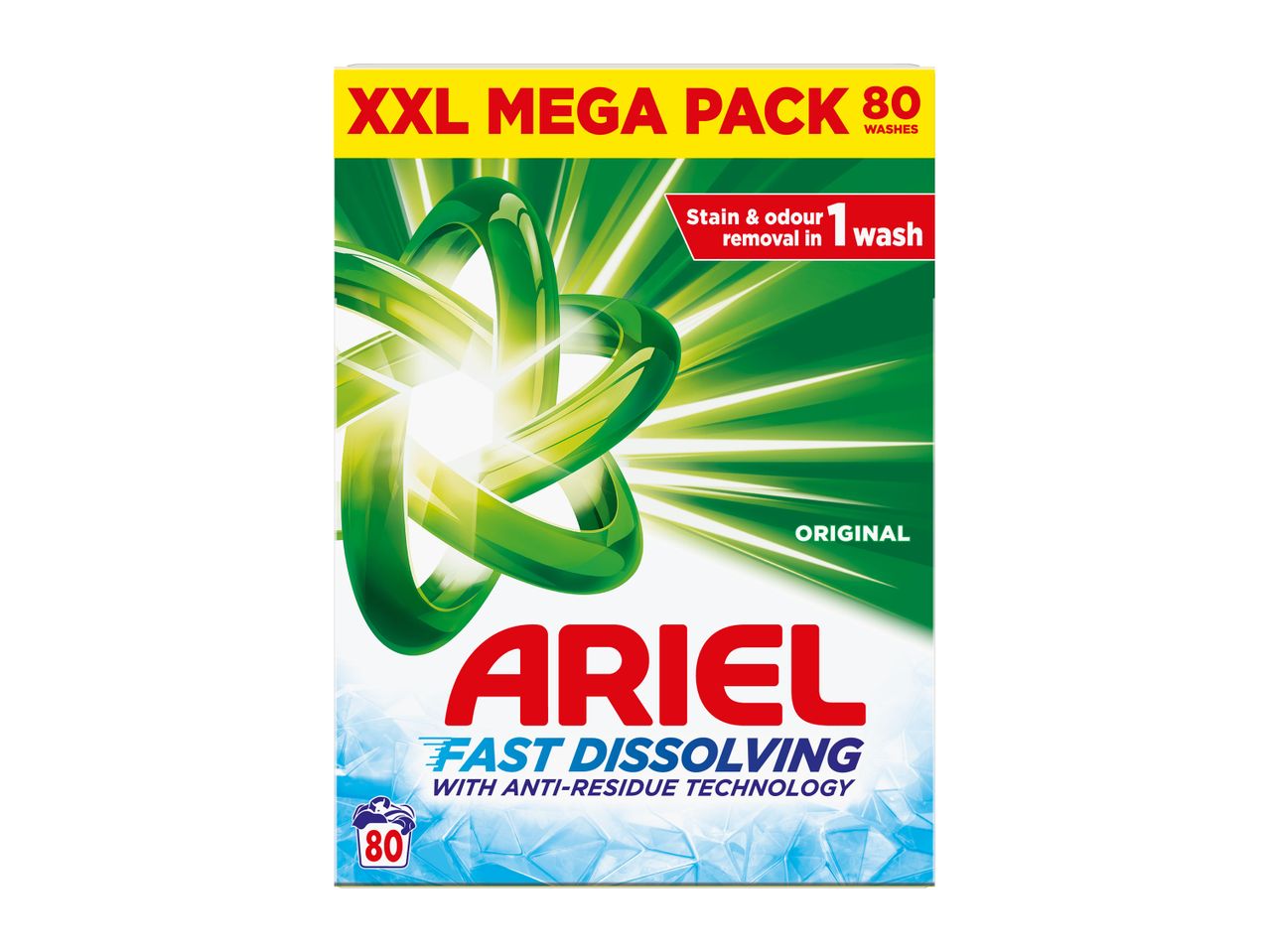 Ariel XXL Mega Pack laundry detergent box, advertising 80 washes and fast dissolving technology.