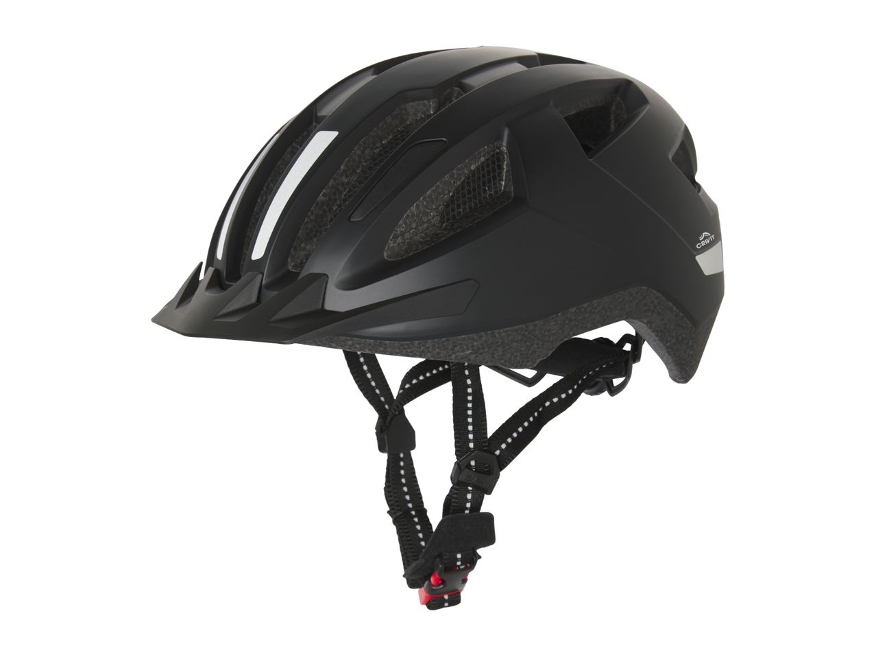 Black bicycle helmet with reflective stripes and adjustable straps.
