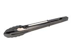Stainless steel kitchen tongs with scalloped edges and a locking mechanism.