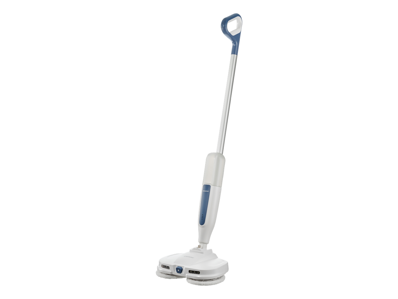 Bijeli bežični električni mop s plavim detaljima i okruglim rotirajućim jastučićima za čišćenje.
