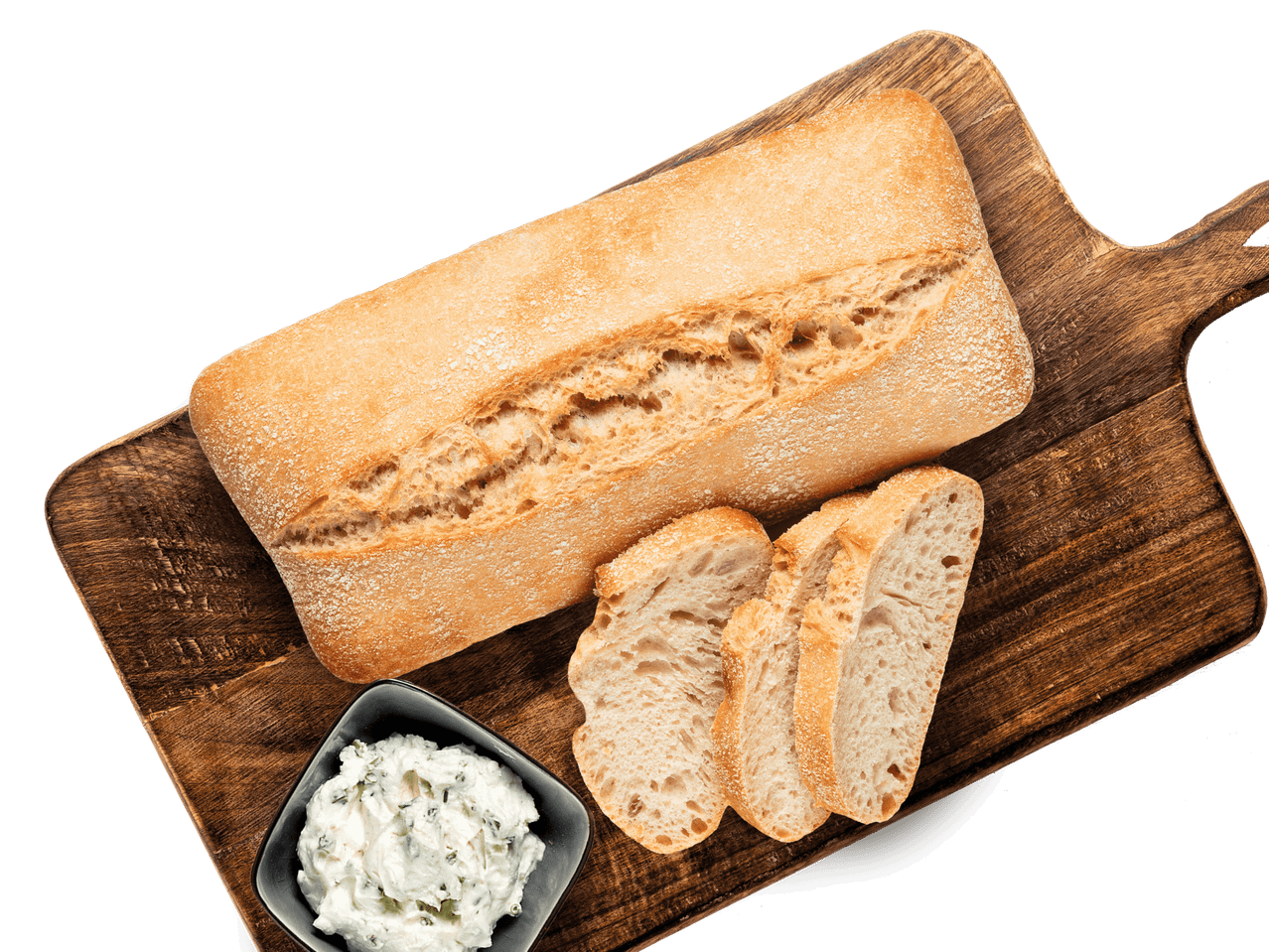 Ein Ciabatta-Brot mit drei Scheiben und Kräuteraufstrich auf einem Holzbrett.