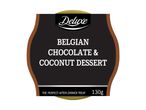 Belgian chocolate and coconut dessert label, 130g, with text 'The perfect after-dinner treat'.