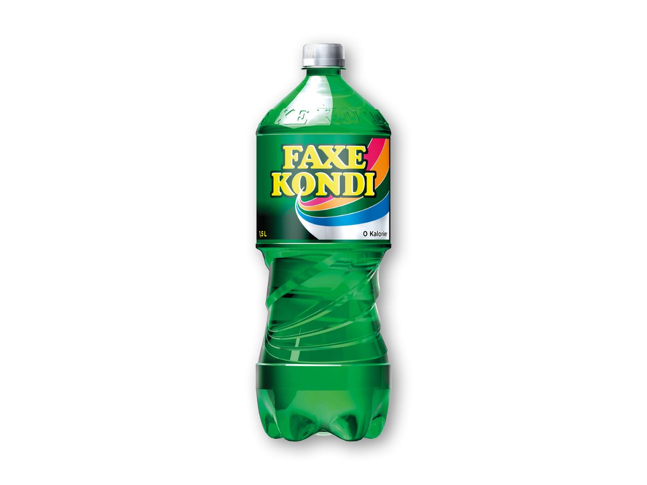 En grøn flaske Faxe Kondi sodavand med en farverig etiket.