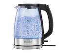 Glass electric kettle with boiling water, blue light, and measurement markings