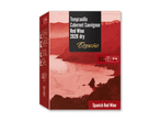 Rødvin i bag-in-box med spansk kystlandskab, mærket 'Tempranillo Cabernet Sauvignon Red Wine 2020 dry España'.