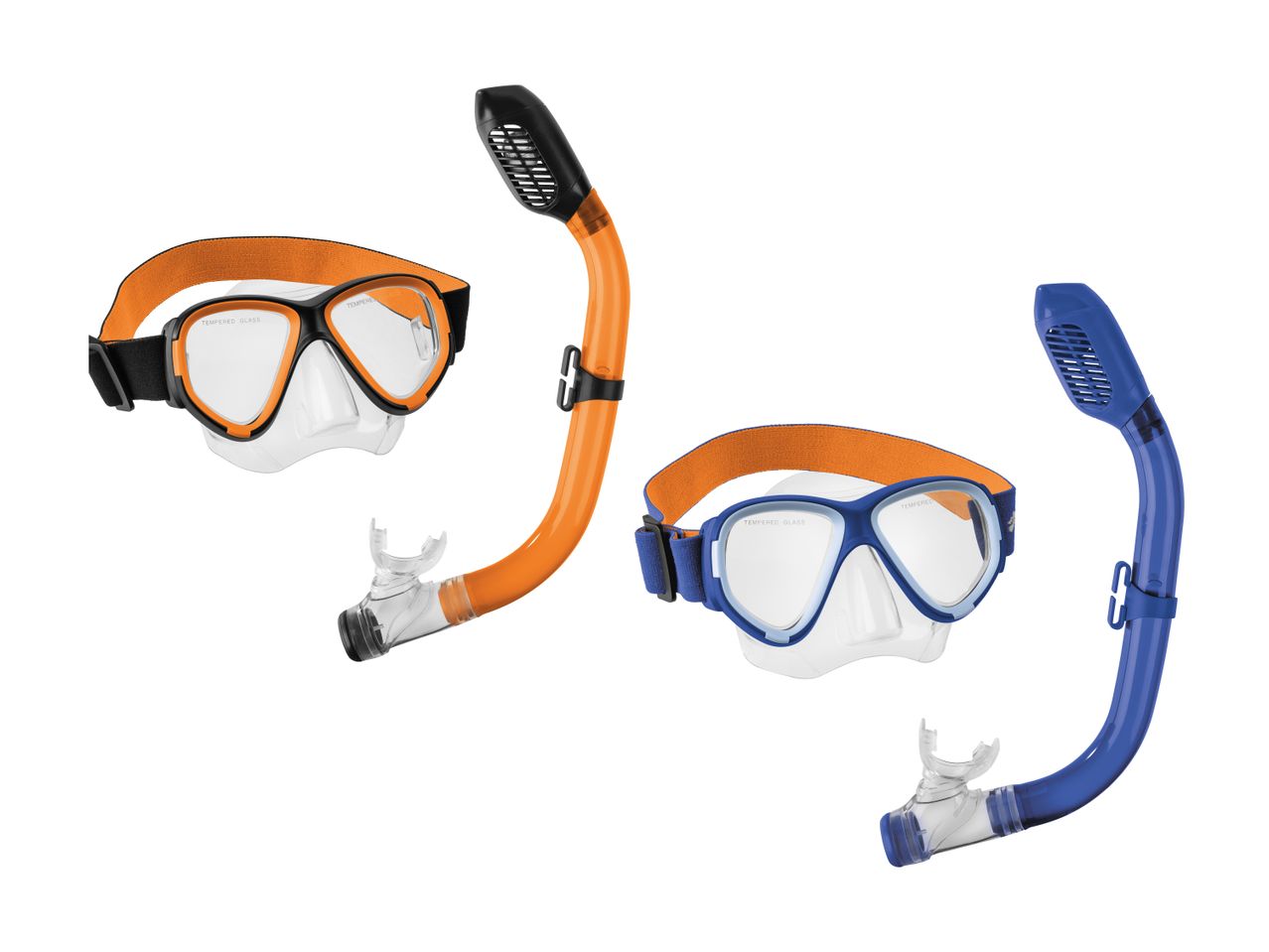 To sæt snorkeludstyr med dykkermasker og snorkler i orange og blå farver.