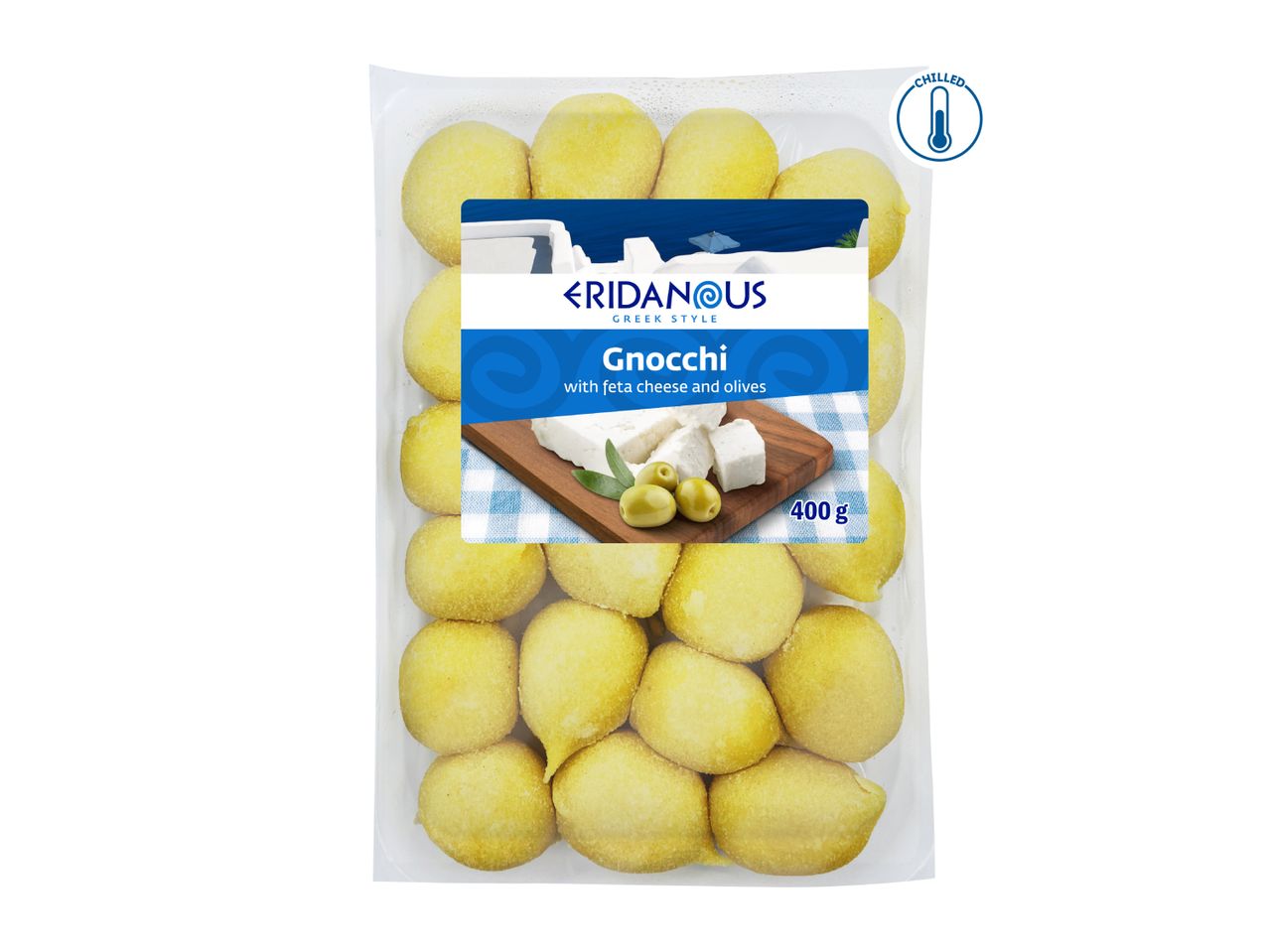 Pack of chilled gnocchi with feta cheese and olives, 400g.