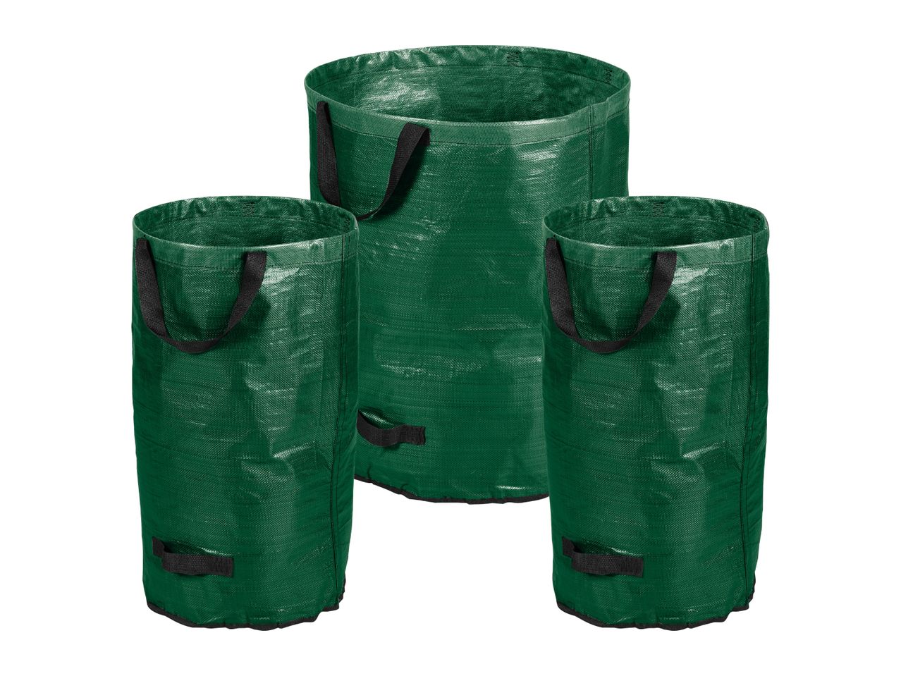 Three green garden waste bags of varying sizes with handles.