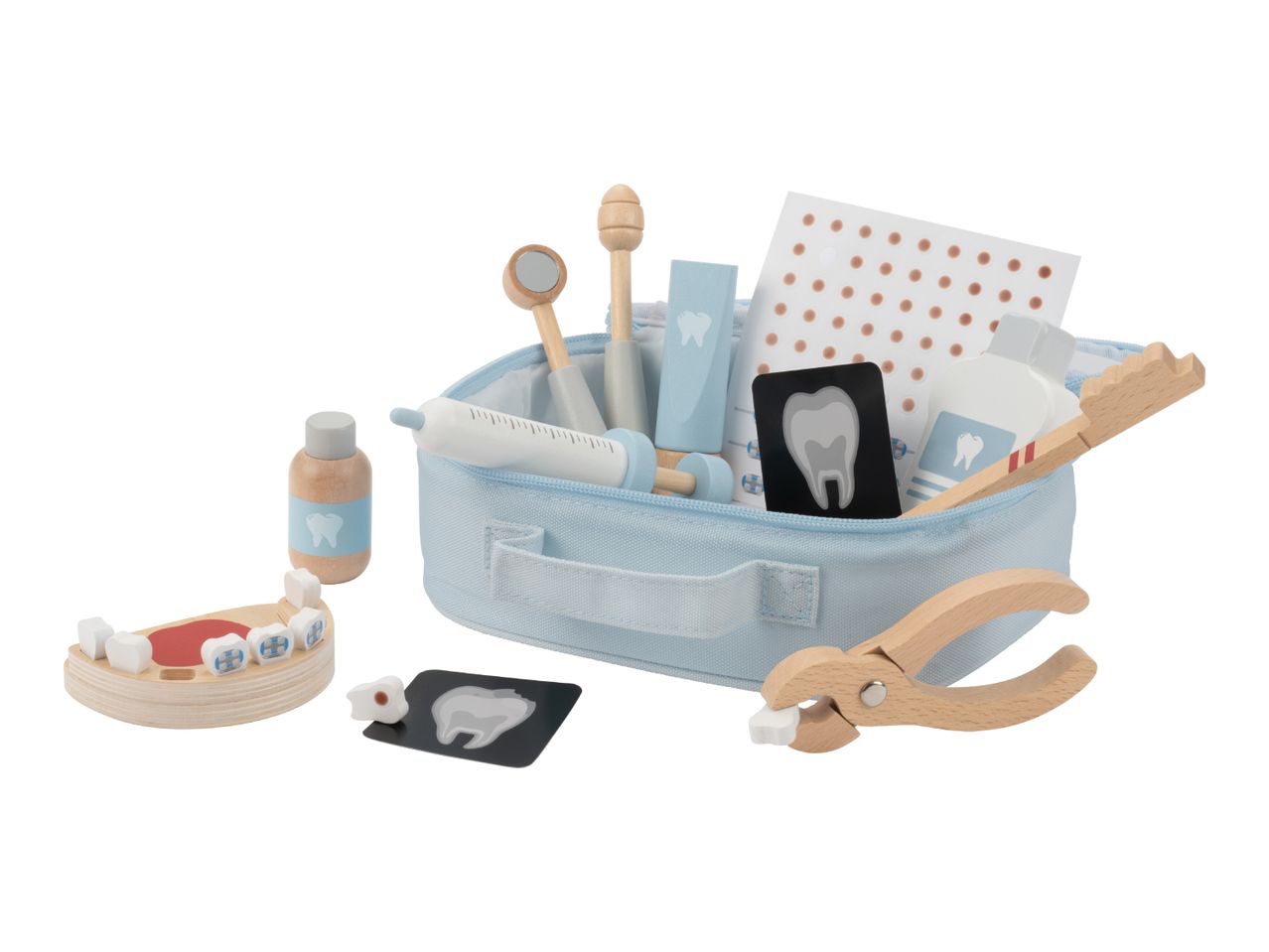 Wooden toy dentist kit with tools, teeth model, and X-rays in a blue fabric bag.
