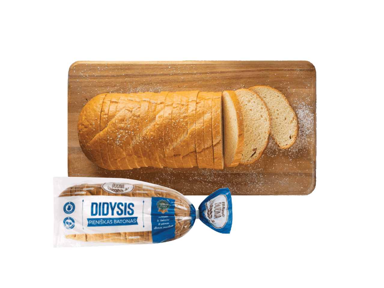 Supjaustytas pieniškas batonas „Didysis“ ant medinės lentelės ir pakuotė.