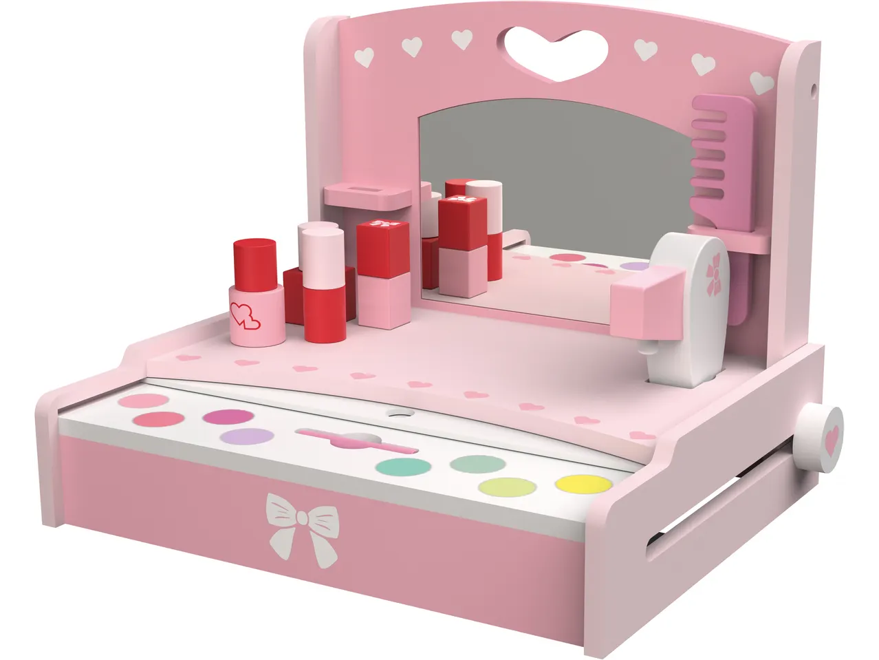 Rozā koka Lupilu kosmētikas komplekts ar spoguli, lūpu krāsām un acu ēnu paleti.