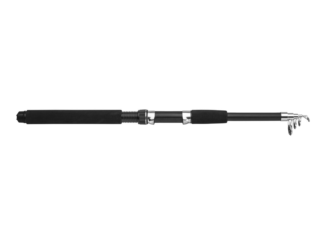Black telescopic fishing rod with silver accents and line guides