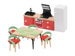 A toy kitchen set with red cabinets, a white refrigerator, and a dining table with four chairs.