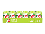 Een verpakking van 24 blikjes frisdrank met citroen- en limoensmaak, nul suiker, 0,33L per blikje.